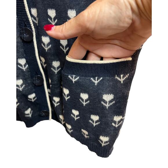 Anthropologie Sparrow Navy Cream Tulip Button Down Cardigan Lightweight XS - Picture 4 of 7